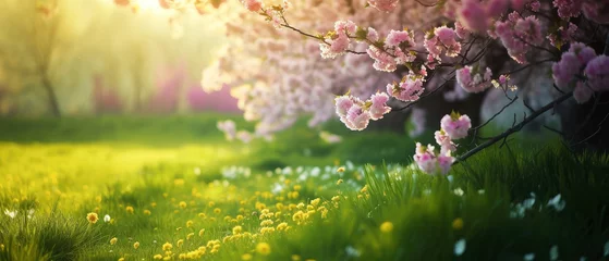 Tuinposter Beautiful spring nature landscape with blooming trees. Meadow, green hills, glade with flowers on sunny day. Generative ai  © Inai
