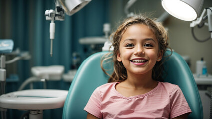 A smiling young girl in a dental chair. Check up by the dentist. - 761387902