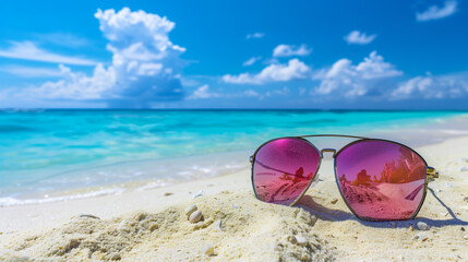 Fototapeta na wymiar Sunglasses on white sand with ocean backdrop suggesting summer travel and relaxation.