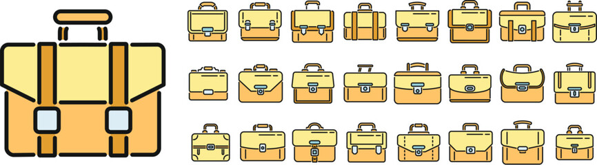 Briefcase icons set outline vector. Office bag. Male accessory thin line color flat isolated