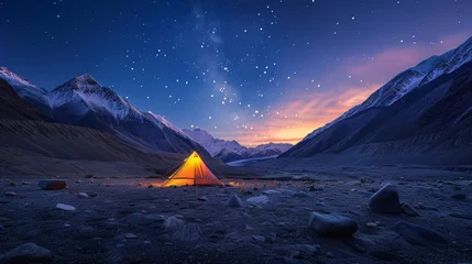 Fotobehang Starry Sky Over Mountain Camp © XtravaganT