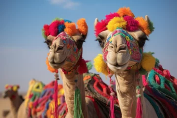 Fototapeten two camels adorned with vibrant and colorful decorations, which can be used to represent cultural celebrations or as part of tourism promotional material. © Ярослава Малашкевич