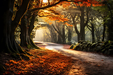 Characteristics scenery in park of walkway next in tree red autumn. Landscape natural road in...