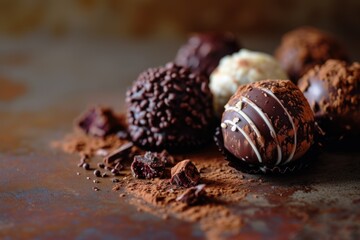 variety of chocolate truffles with different coatings and toppings, for a visually appealing arrangement that can be used in culinary arts or as tempting visuals in dessert marketing.

