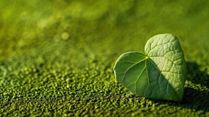 A single heart-shaped leaf lying on a mossy green surface, a natural depiction of love or eco-friendly themes, useful for environmental campaigns or creative inspiration.