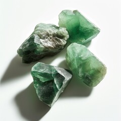 Three green fluorite crystals with a translucent quality casting shadows on a white surface, perfect for geological studies or gemstone marketing.