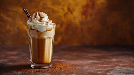 caramel frappuccino in a tall glass, perfect for a coffee shop advertisement or a menu illustration.