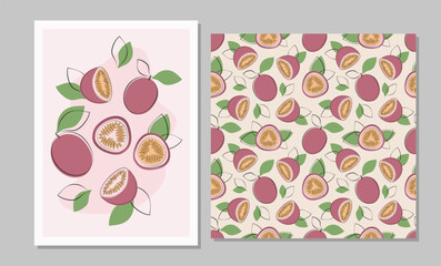 Fruit set in flat design. Seamless pattern and poster with passion fruit and leaves for fabric, cards, wallpaper in simple style.Vector illustration.
