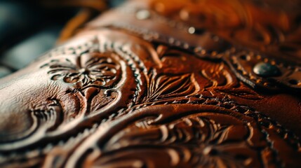 a close-up of hand-tooled leatherwork, great for highlighting craftsmanship in fashion design or as part of a western-themed visual narrative.