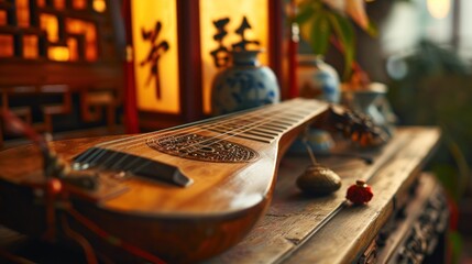 a traditional Chinese string instrument on a wooden table with cultural decorations in the background, perfect for a music-themed editorial or cultural heritage promotion.