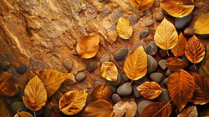Abstract leaves on stone background, gray and gold colored