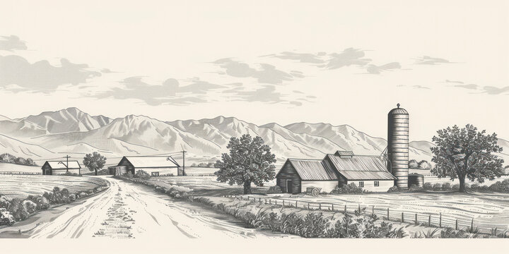 Rural landscape with a farm in engraving style. Hand drawn Illustration.