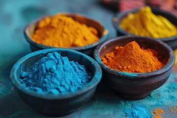 Holi Festival Background with Variety of Color Powder in Bowl