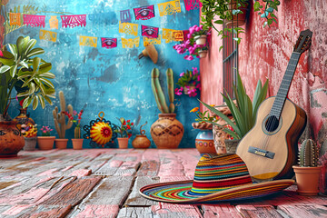 Colorful Mexican 5 may holiday Celebration Background with Guitar, Sombrero hat, Cactus, and Festive Decorations