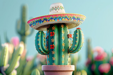 illustration of Cactus Wearing Traditional Mexican Sombrero hat in Desert background