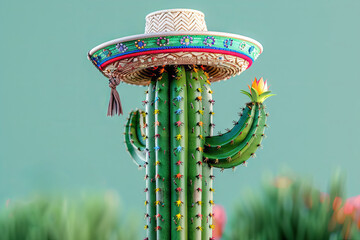 Cactus in Sombrero with Tassel Against Teal Background