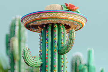 Charming Cactus with Decorative Flowers and a Traditional Sombrero
