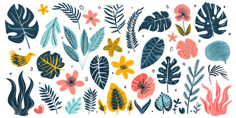 Set of hand drawn shapes and doodle design elements. Exotic jungle leaves, flowers and plants. - obrazy, fototapety, plakaty