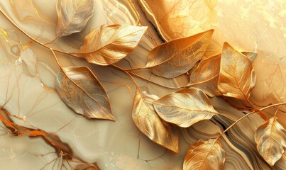 Abstract leaves on stone background, gray and gold colored