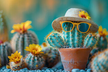 funny Cactus in pot with Sunglasses and Straw Hat on Turquoise Background