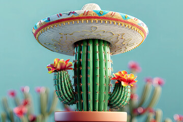 Smiling Cactus in a Decorated Pot Wearing a Festive Sombrero hat