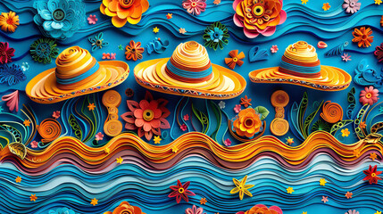 May 5. Mexican holiday background with Sombreros hats, Floral and Ocean blue Wave