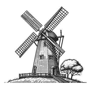 traditional windmill in a pastoral setting, depicted in an engraved style. Sketch engraving generative ai raster illustration. Scratch board imitation. Black and white image.