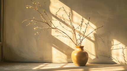 Sunlit Vase and Branches Interior - obrazy, fototapety, plakaty