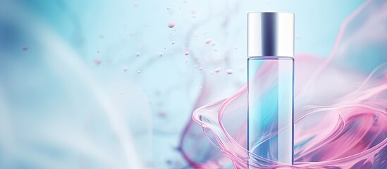 A bottle of liquid perfume sits amidst swirling pink and blue smoke, creating a magical and dreamy aesthetic reminiscent of a vibrant art piece - obrazy, fototapety, plakaty