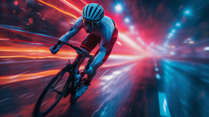 Cyclist in motion at high speed with futuristic lighting effects - 761389392