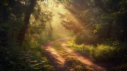 A path leading through a sunlit forest, dappled light creating patterns on the ground.