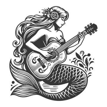 mermaid with flowing hair playing a guitar, in a whimsical black and white drawing. Lady sketch engraving generative ai fictional character raster illustration. Scratch board imitation.