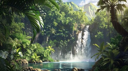 A tropical waterfall hidden in a lush jungle, a secret summer escape. 