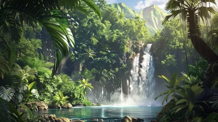 Fotobehang A tropical waterfall hidden in a lush jungle, a secret summer escape.  © RDO
