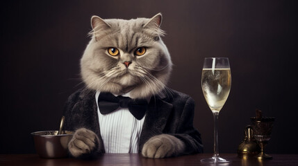 Funny cat portrait in a suit on festive Christmas and New Year background with glass of champagne. Generative AI artwork