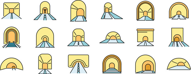 Tunnel icons set outline vector. Rail track. Metro arch thin line color flat isolated