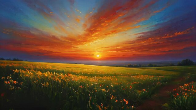 Beautiful sunset landscape with a glowing sky over a green field
