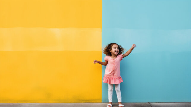 Little Girl Dressed in Joyful Colors Against the Solid Blue Wall Background.
