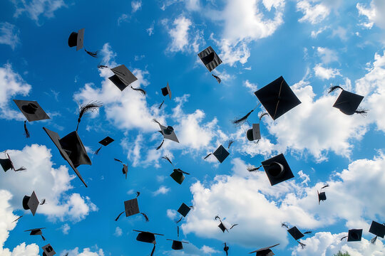 End of school year.  Graduation Caps in the sky