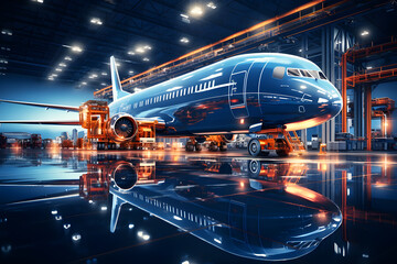 Fototapeta premium Holographic of digital airplane display is blue background. Commercial airplane. Parked for maintenance. Realistic clipart template pattern.