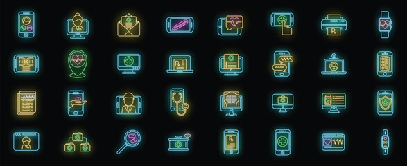 Telemedicine icons set outline vector. Remote doctor. App screen neon color isolated