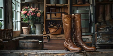 Handcrafted leather boots ideal for equestrian sports in a quaint rural village. Concept Leather Boots, Equestrian Sports, Handcrafted, Rural Village, Quaint