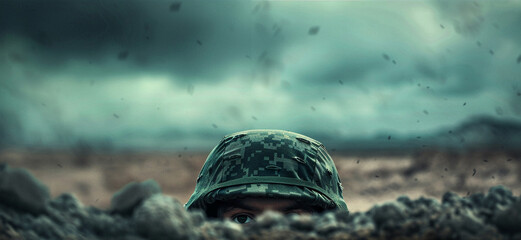 Soldier Hiding in Trench with Camouflage Helmet - obrazy, fototapety, plakaty