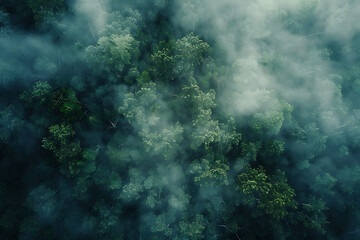 Enchanting aerial view captures a fog-covered forest, invoking mystery and tranquility within nature's embrace - obrazy, fototapety, plakaty