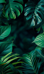 Vibrant green leaves create a natural frame on a dark background.