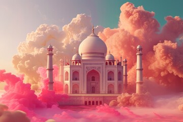 Agra Fort, A Dreamy Pink Sky and Fluffy Clouds - obrazy, fototapety, plakaty