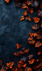 Dramatic red and blue leaves against a dark textured background.