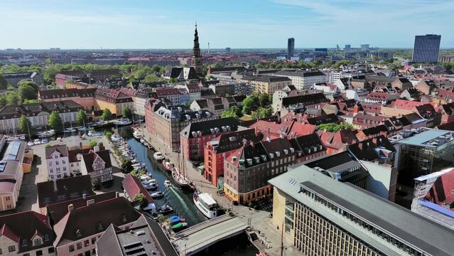 Copenhagen: Aerial view of capital city of Denmark, Port of Copenhagen (Københavns Havn) area, sunny day with blue sky - landscape panorama of Europe from above

