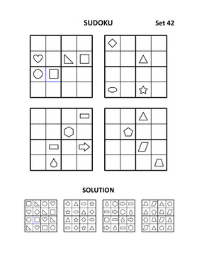 Sudoku - four picture puzzles for brain workout. Print and draw shapes to fill in the blanks. Suitable both for kids and adults. Answers included. Set 42.
