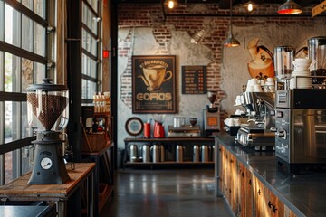 Industrial Coffee Roastery Interior with Vintage DÃ©cor Accents